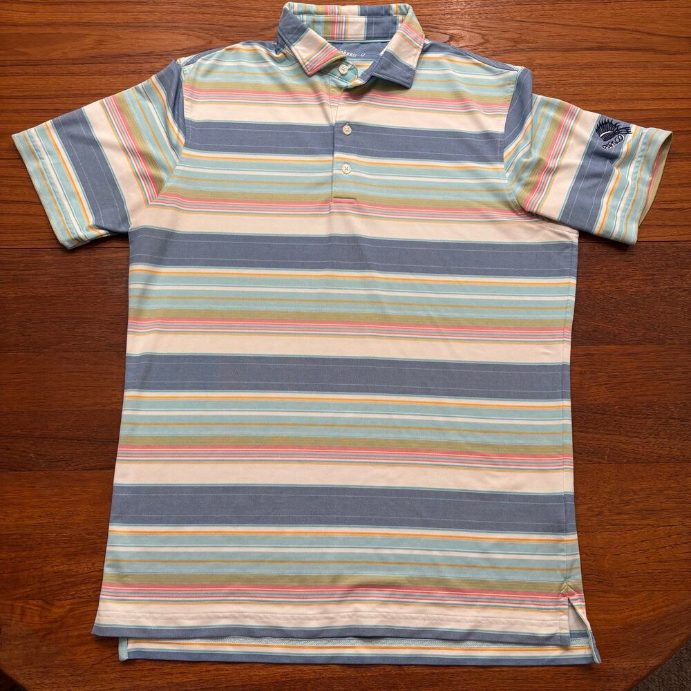 Johnnie-O Men's striped blue pink short sleeve polo shirt size M